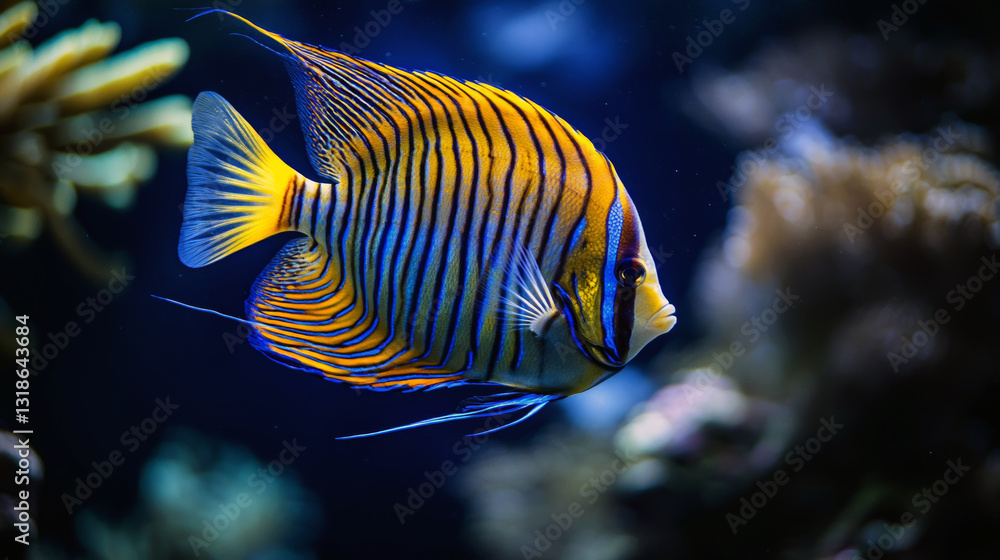Obraz premium Vibrant striped angelfish in deep sea coral reef habitat