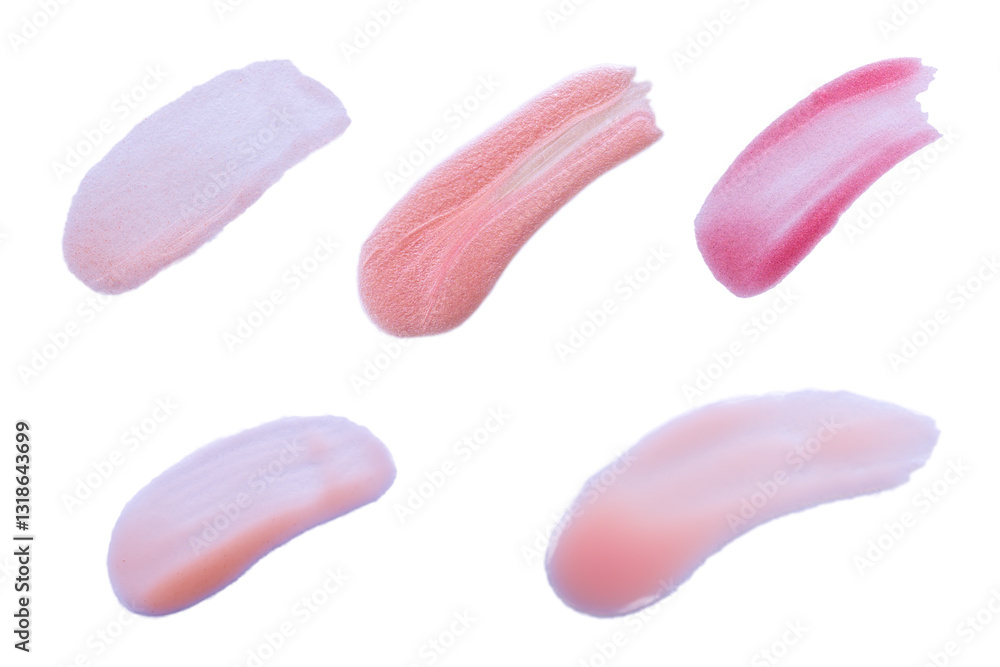 Collection of strokes of nail polish, lip gloss or lipstick isolated on white background. Different shades of pink Collection of strokes of nail polish, lip gloss or lipstick isolated on white background. Different shades of pink