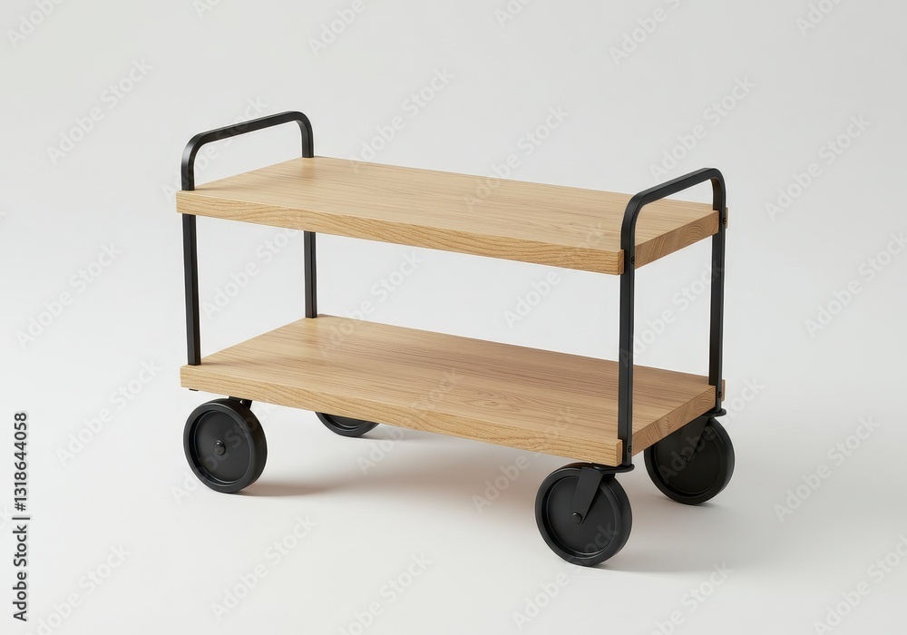 Wooden trolley with wheels on white background