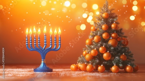 Hanukkah and Christmas Festive Season: A Menorah and Decorated Christmas Tree