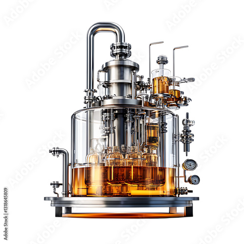 Complex industrial distillation apparatus made of stainless steel holding amber liquid for beverage or spirit production isolated on transparent