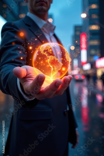 A businessman grasping a glowing digital sphere amidst a futuristic cityscape, digital convergence, high-tech industry