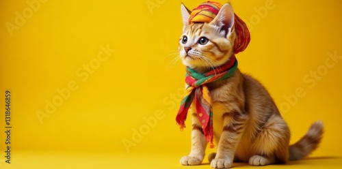 Adorable ute cat in a colorful scarf tied around its neck inside a traditional Indian-style turban on a sunny yellow surface, fur, fashion