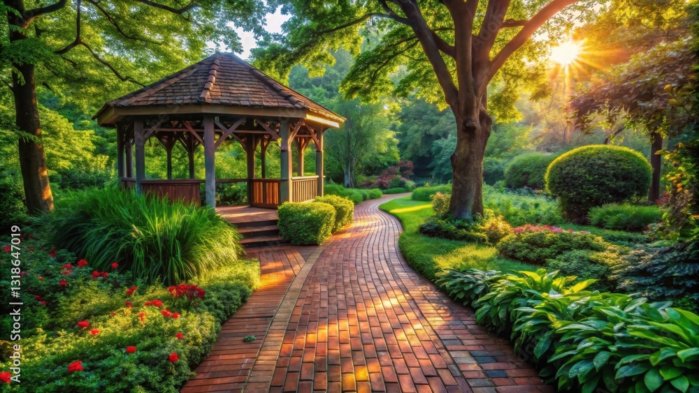 Serene Garden Path Leading to a Wooden Gazebo Bathed in the Golden Light of Dawn Serene Garden Path Leading to a Wooden Gazebo Bathed in the Golden Light of Dawn