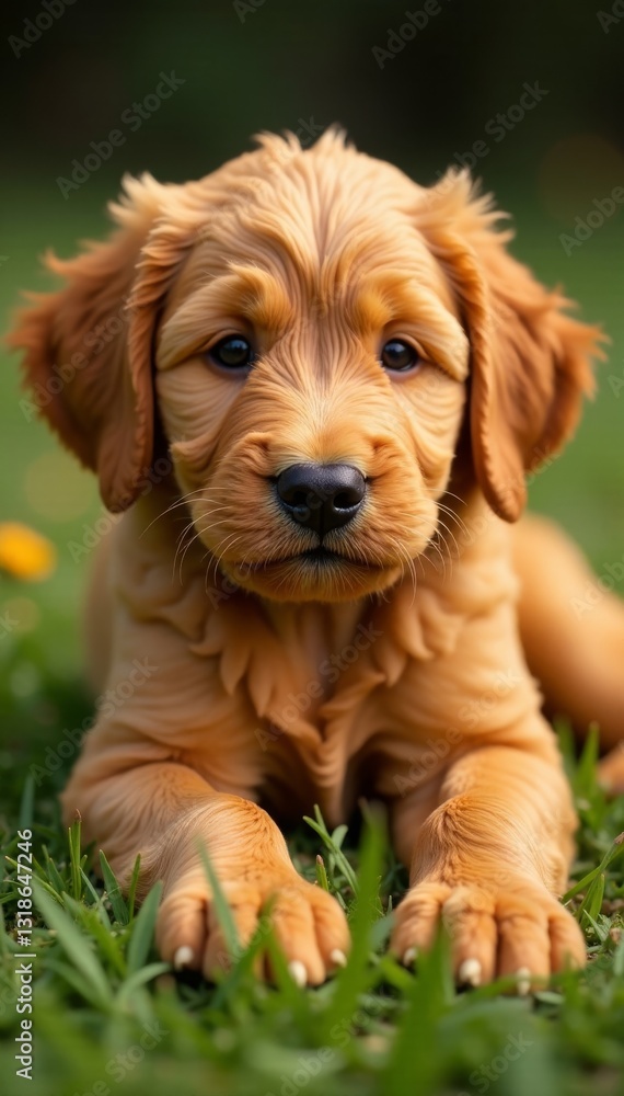Adorable red Abricot Labradoodle puppy relaxing face, relaxed dog, abricot