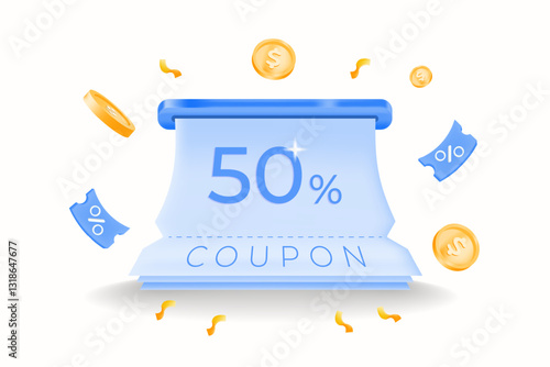 3d, Blue printed 50% discount coupon with coins and confetti. sales, special promotions, coupon code and e-commerce deals. digital vouchers, vector illustration