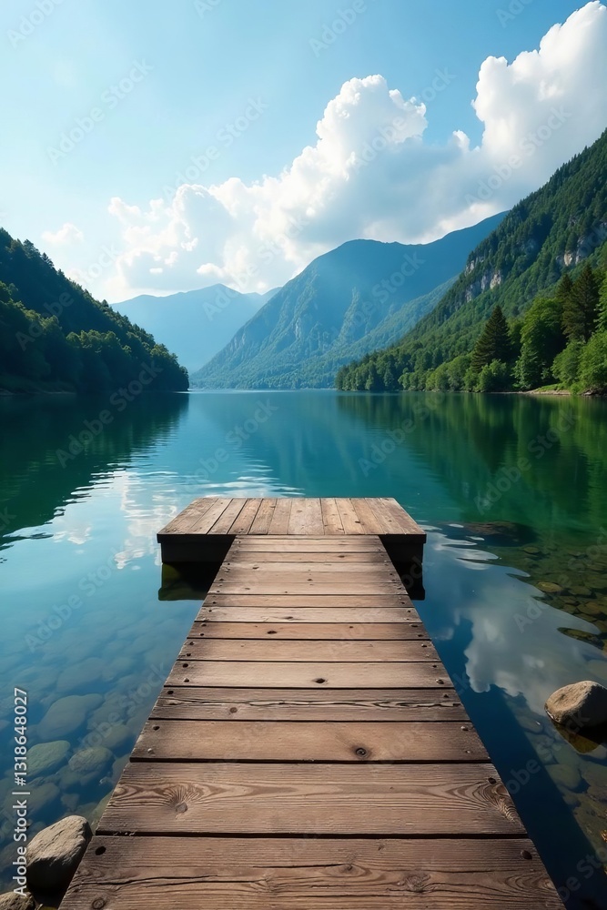 Wooden dock leading into calm Finnish lake surrounded by lush greenery, tranquil, summer Wooden dock leading into calm Finnish lake surrounded by lush greenery, tranquil, summer