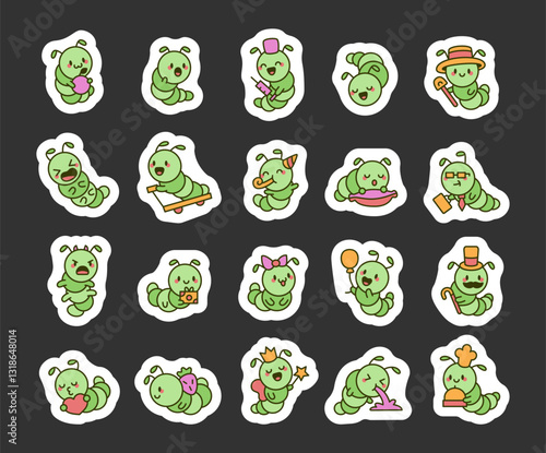 Adorable caterpillar set featuring various emotions, accessories, and activities in a charming kawaii cartoon style, including birthday, business, magic, and daily life moments for yours projects