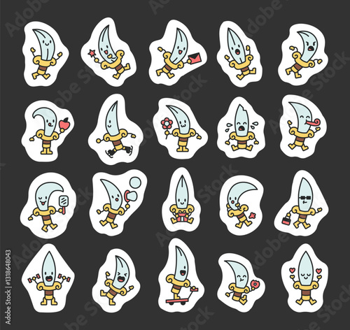 Adorable set of dagger knife characters showing different emotions, holding various objects, and performing multiple activities in a cute kawaii cartoon style for creative projects