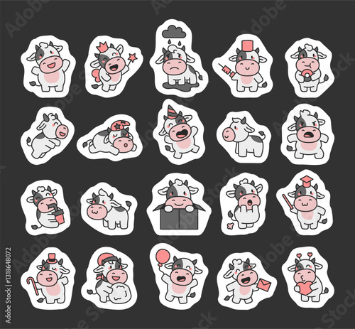 Cute and charming set of cow characters showing different emotions, fun accessories, and various poses in an adorable kawaii cartoon farm animal style for creative projects