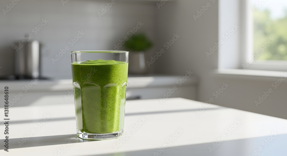 Glass of fresh green smoothie on clean kitchen counter Glass of fresh green smoothie on clean kitchen counter