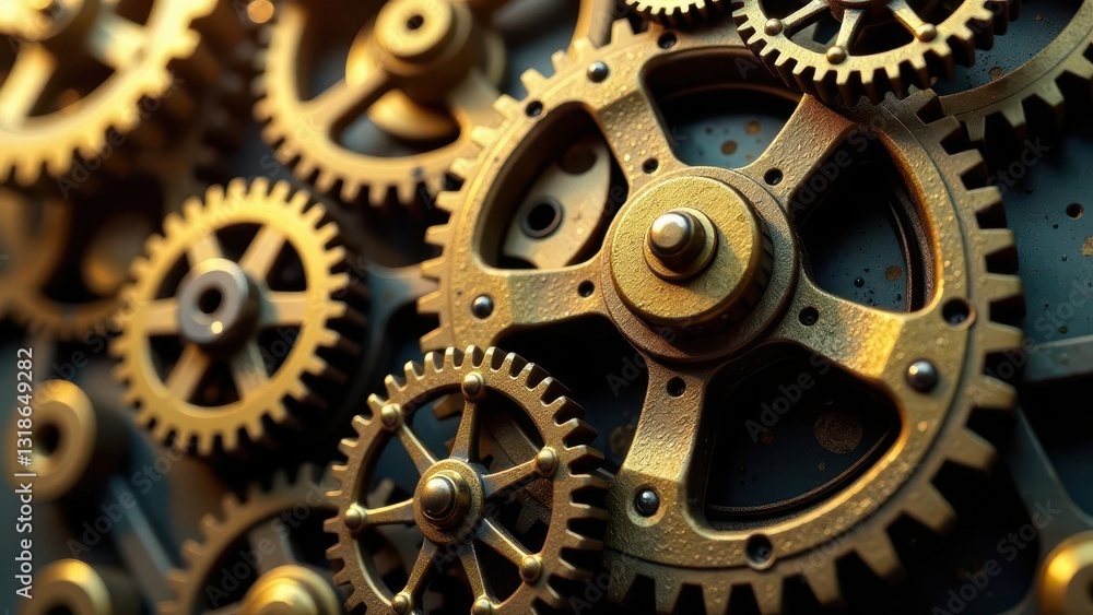 Intricate Golden Gears Interlocking in a Complex System of Precision Engineering Intricate Golden Gears Interlocking in a Complex System of Precision Engineering