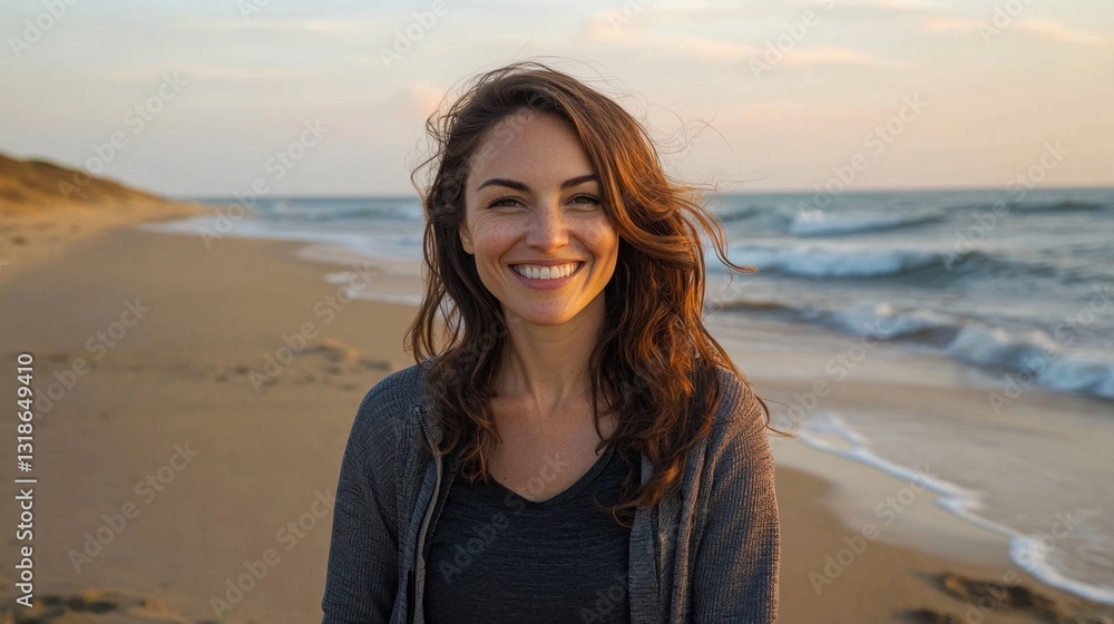 A woman stands on a sandy beach, smiling brightly as the sun sets on the horizon. Gentle waves lap at the shore, creating a peaceful atmosphere A woman stands on a sandy beach, smiling brightly as the sun sets on the horizon. Gentle waves lap at the shore, creating a peaceful atmosphere