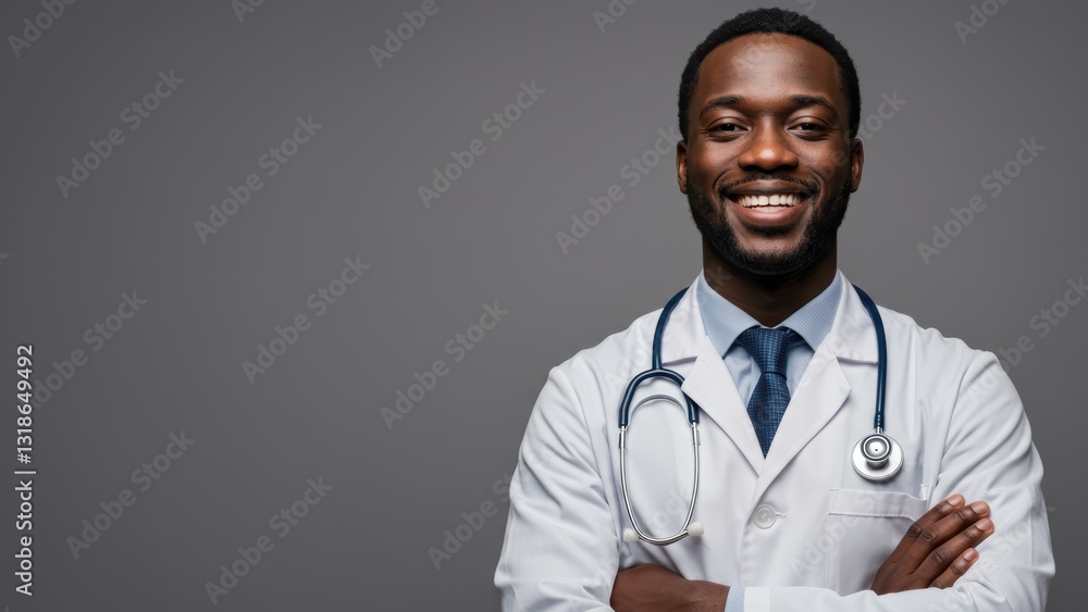 African American male doctor in white coat and stethoscope smiling confidently in medical environment Promotes healthcare and diversity African American male doctor in white coat and stethoscope smiling confidently in medical environment Promotes healthcare and diversity