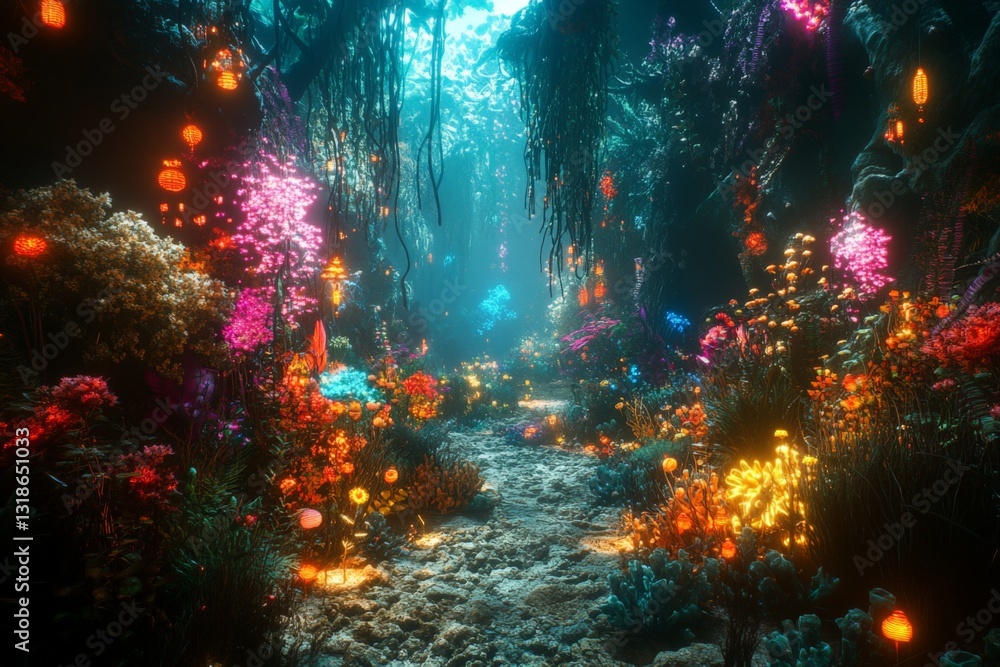Fototapeta premium Underwater garden filled with colorful coral and luminous plants in a tranquil ocean environment