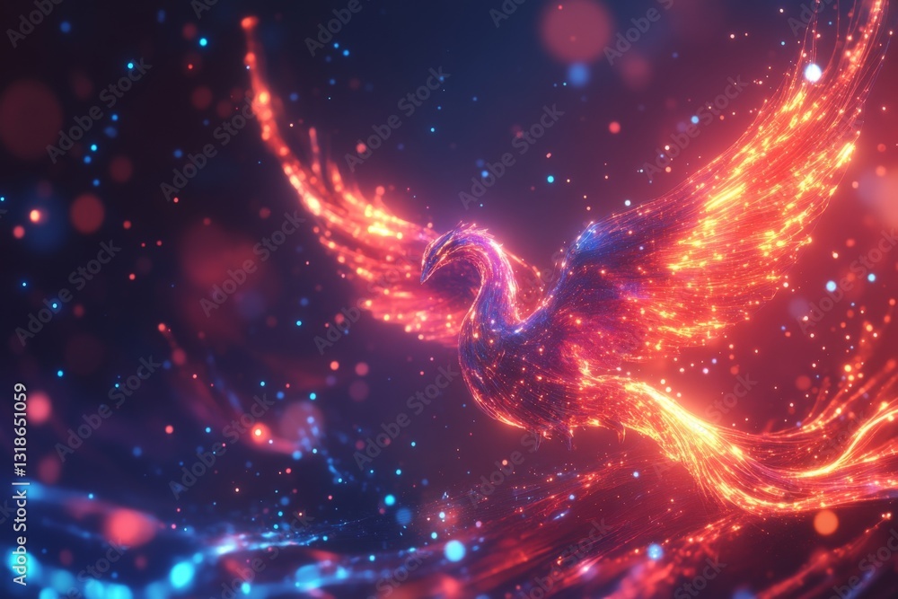 Colorful and vibrant phoenix emerging from cosmic flames in a surreal and dreamlike setting Colorful and vibrant phoenix emerging from cosmic flames in a surreal and dreamlike setting