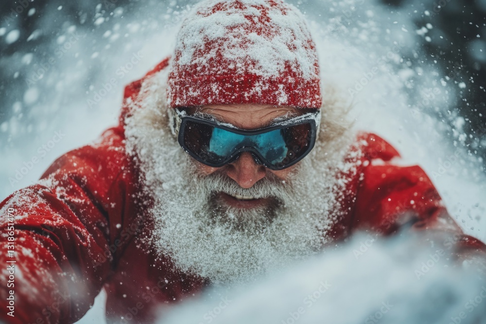 Adventurous sledding Santa braves the snowy mountains during winter festivities