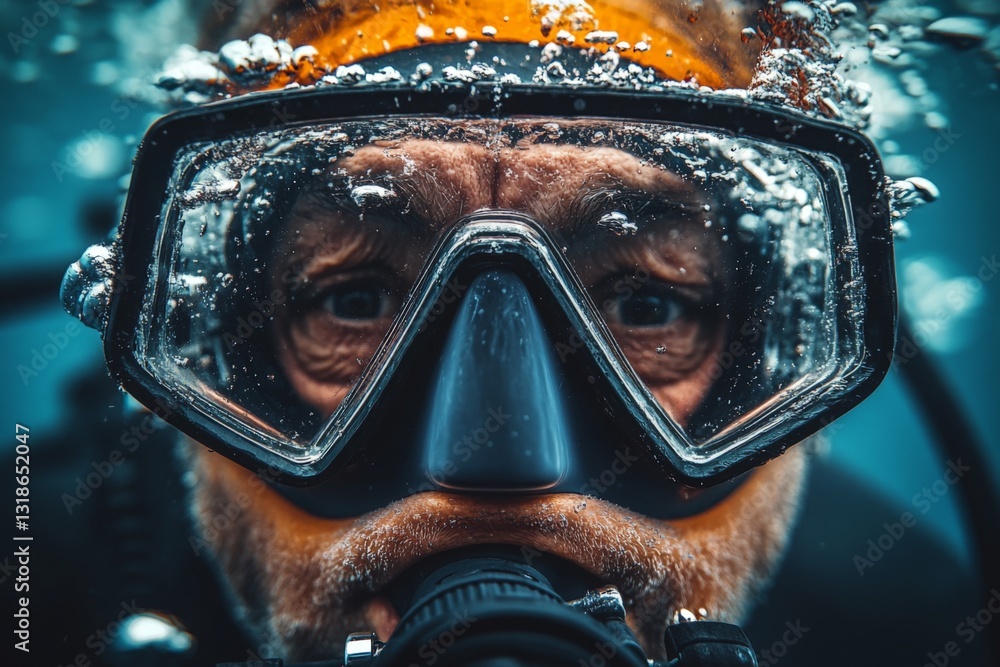 Diver exploring the underwater world with bubbles rising around his face in a calm ocean setting