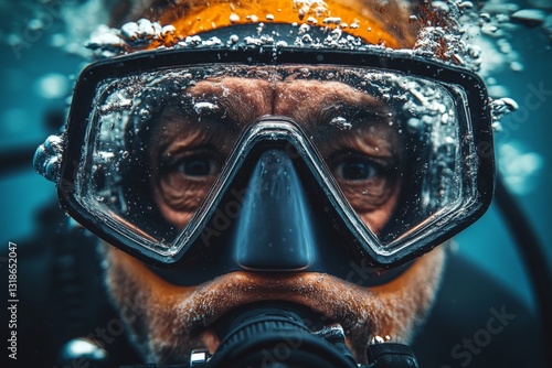 Obraz na płótnie Diver exploring the underwater world with bubbles rising around his face in a calm ocean setting w salonie