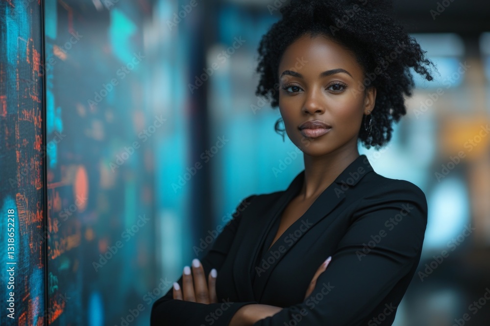 Confident businesswoman standing in a modern office environment with stylish decor and vibrant lighting