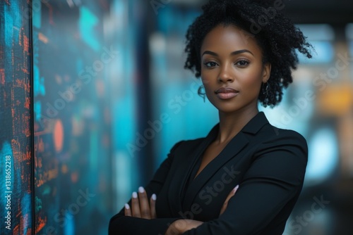Obraz na płótnie Confident businesswoman standing in a modern office environment with stylish decor and vibrant lighting w salonie