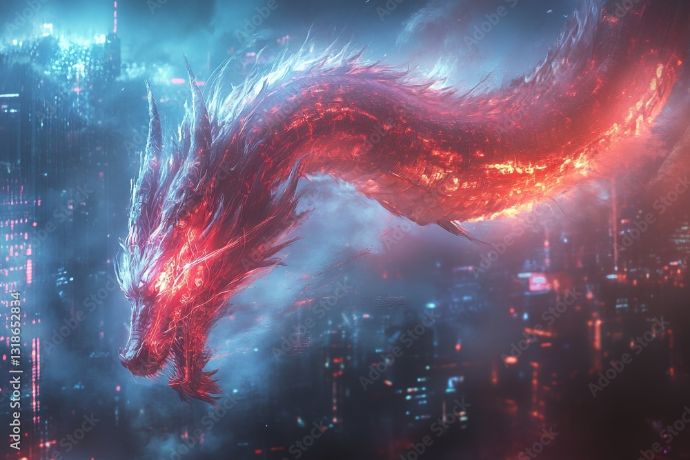 Dragon rises above a neon-lit cityscape, showcasing a blend of fantasy and futuristic architecture at dusk