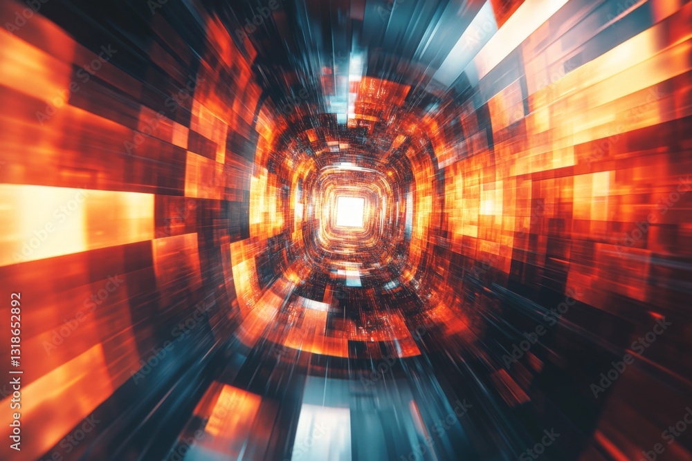 Colorful abstract tunnel with glowing lights and motion blur creating a sense of speed and depth