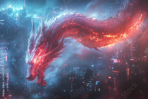 Obraz na płótnie Dragon rises above a neon-lit cityscape, showcasing a blend of fantasy and futuristic architecture at dusk w salonie