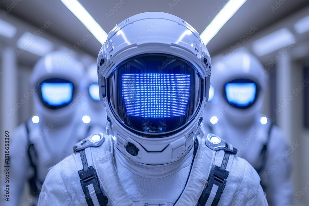 Futuristic astronauts with illuminated helmets walking in a modern corridor showcasing advanced space exploration technology