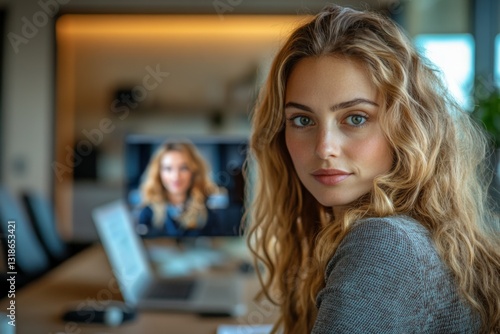 Professional woman participates in video call meeting while seated at conference table in modern office
