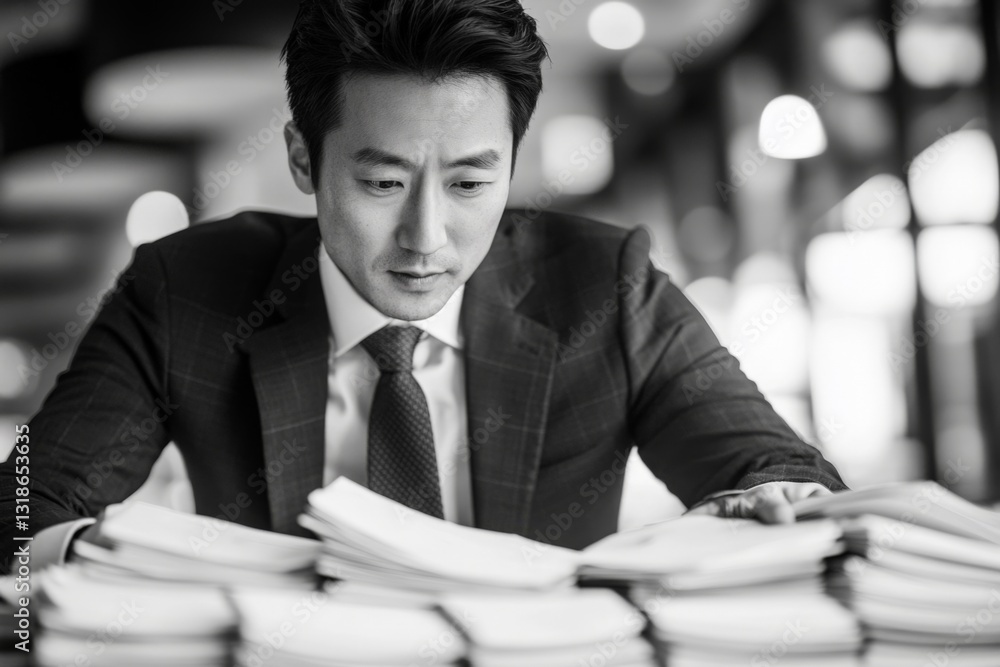 Focused professional reviewing documents in contemporary office environment during daytime