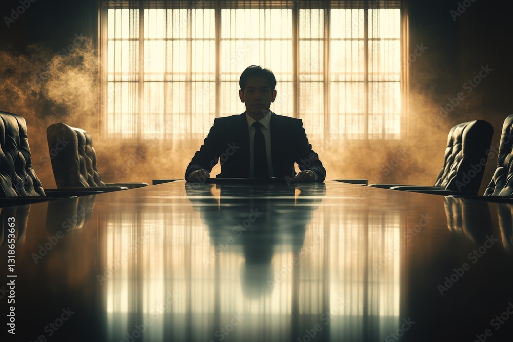 Business leader in a silhouetted boardroom with dramatic lighting and smoke at dusk, creating a tense atmosphere