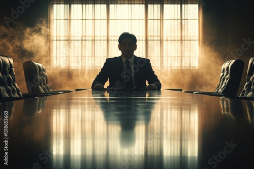 Obraz na płótnie Business leader in a silhouetted boardroom with dramatic lighting and smoke at dusk, creating a tense atmosphere w salonie