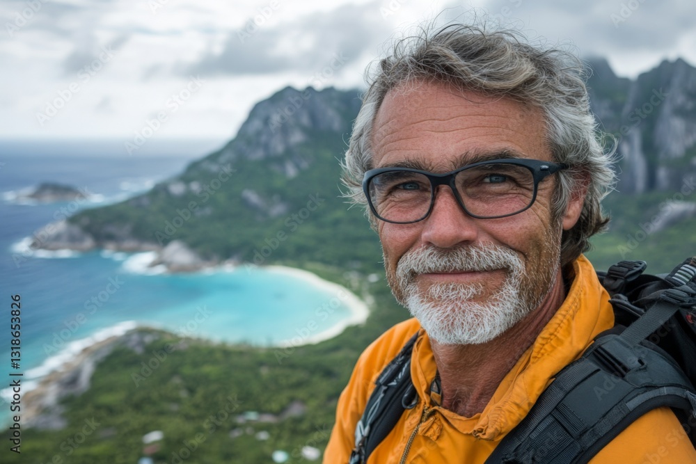 Adventurer smiles while overlooking beautiful tropical coastline and lush mountains