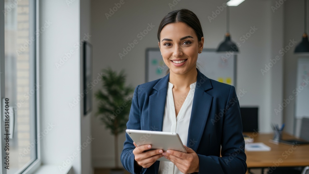 Young adult Hispanic business professional smiling while holding a tablet in a modern office environment Themes include empowerment and innovation Young adult Hispanic business professional smiling while holding a tablet in a modern office environment Themes include empowerment and innovation
