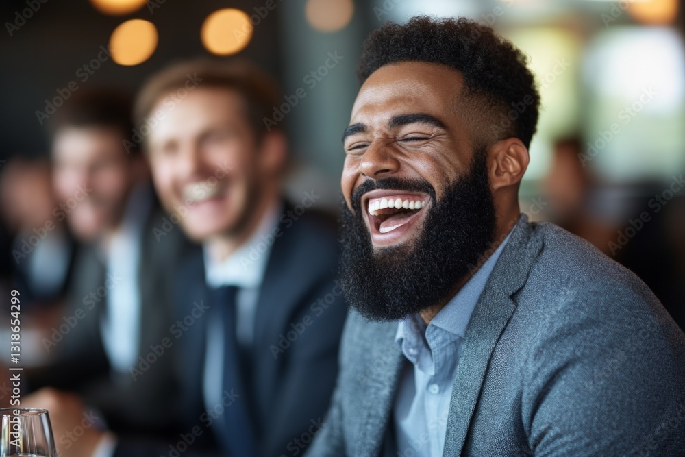 Group of men laughing during a professional gathering in a modern event space filled with warm lighting