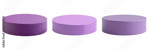 Three purple cylindrical podiums in varying shades on transparency background