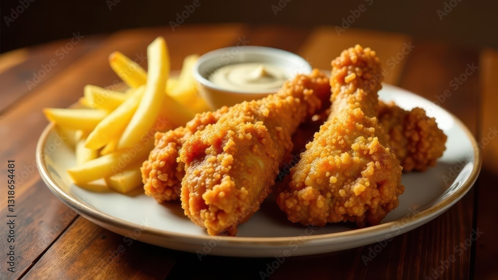 A delectable plate of crispy fried chicken drumsticks served with golden french fries and creamy dipping sauce on a rustic wooden table A delectable plate of crispy fried chicken drumsticks served with golden french fries and creamy dipping sauce on a rustic wooden table