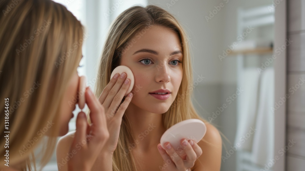 Caucasian woman applying makeup in bathroom mirror, promoting self care and beauty routines Caucasian woman applying makeup in bathroom mirror, promoting self care and beauty routines