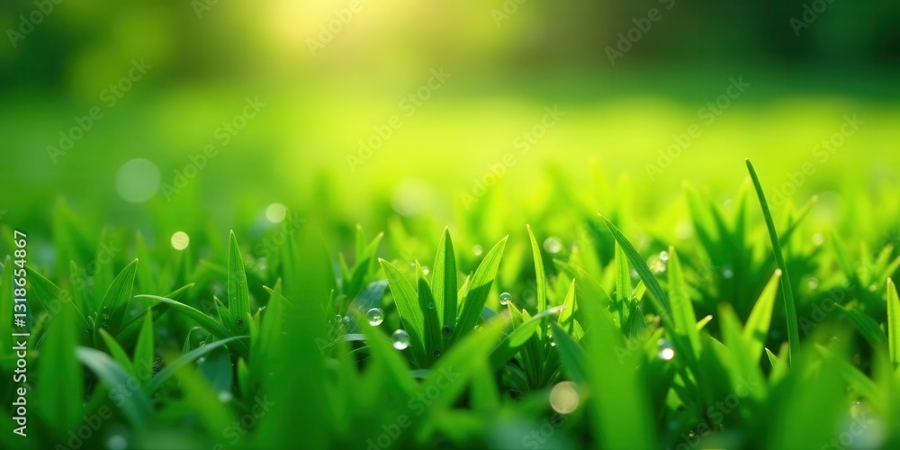 Fototapeta premium Vibrant Green Blades of Grass Glistening with Morning Dew Under the Warm Sunlight
