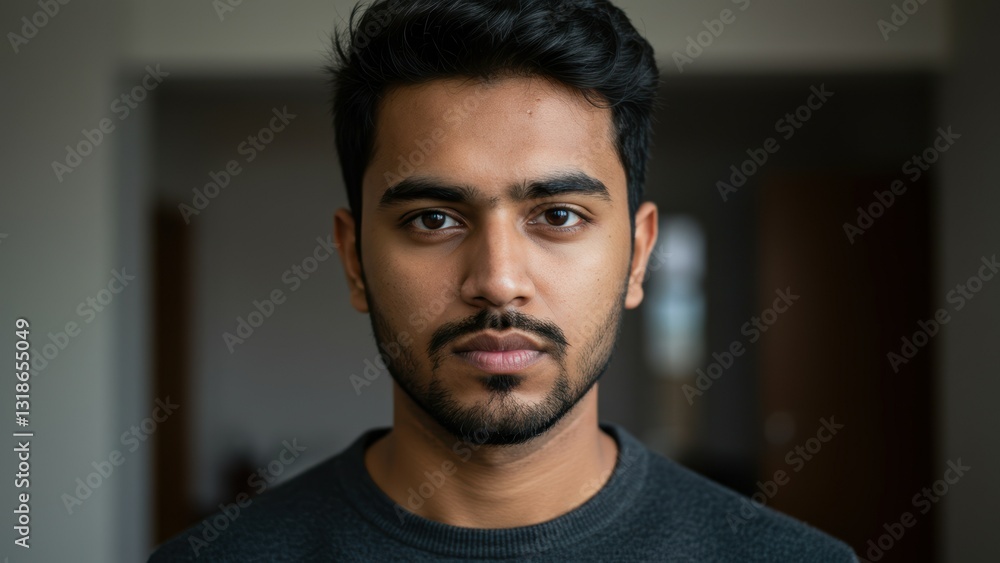 Obraz premium South Asian male portrait indoors with serious expression Captures personal reflection and emotional depth