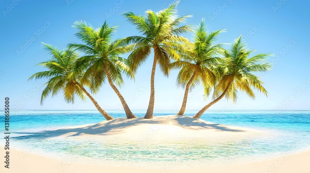 Tropical Island with Palm Trees and Crystal Clear Water Under Bright Blue Sky Tropical Island with Palm Trees and Crystal Clear Water Under Bright Blue Sky