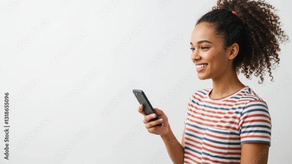 Young African American woman smiling while using her smartphone in an indoor setting Themes of technology and positivity Young African American woman smiling while using her smartphone in an indoor setting Themes of technology and positivity