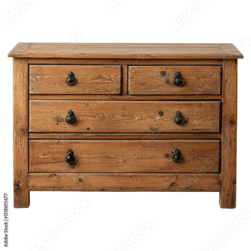 A rustic wooden dresser featuring four drawers with round metal handles.