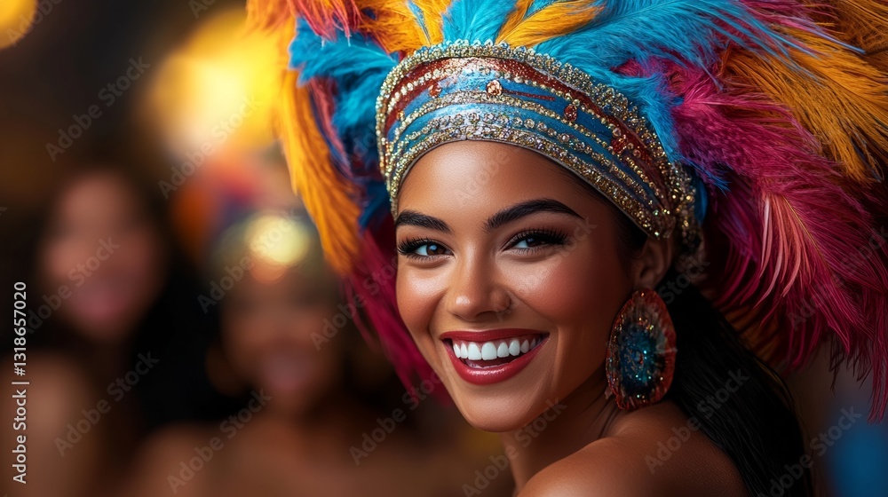 Woman wearing a colorful headdress and smiling. Concept of joy and celebration Woman wearing a colorful headdress and smiling. Concept of joy and celebration