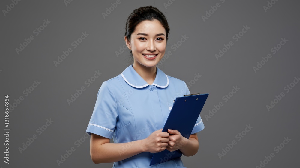 Asian nurse holding clipboard in studio background Represents healthcare support and professionalism Asian nurse holding clipboard in studio background Represents healthcare support and professionalism