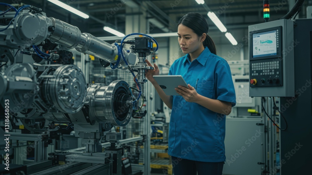 Asian woman engineer using tablet in industrial factory Robotics and machinery, modern workspace, innovation, teamwork, technology Asian woman engineer using tablet in industrial factory Robotics and machinery, modern workspace, innovation, teamwork, technology