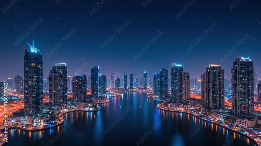 Dubai skyline at night showcases skyscrapers along Arabian Gulf, vibrant city atmosphere, emphasizing tourism and modern architecture Dubai skyline at night showcases skyscrapers along Arabian Gulf, vibrant city atmosphere, emphasizing tourism and modern architecture