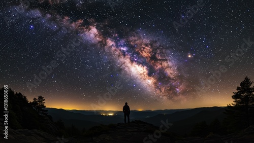 Male stargazer silhouetted against Milky Way over mountain landscape at night Themes of exploration and natural beauty photo