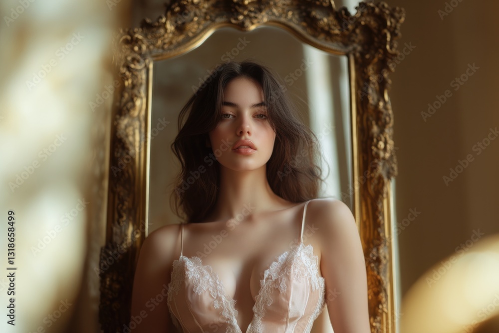 Fototapeta premium Elegant portrait in front of ornate mirror, soft lighting enhanc